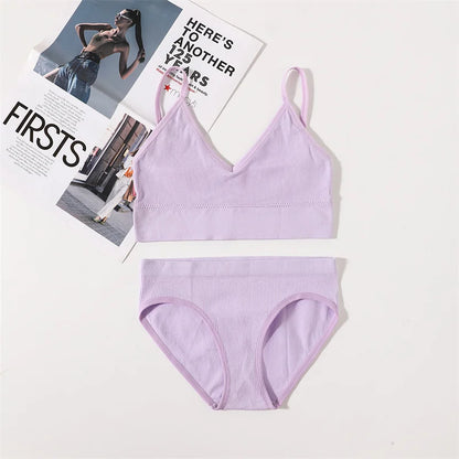 Women Seamless Bra Panties Set U Back Bra Fitness Crop Top Sexy Lingerie Set No Pads Brassiere Low Rise Briefs Underwear Set