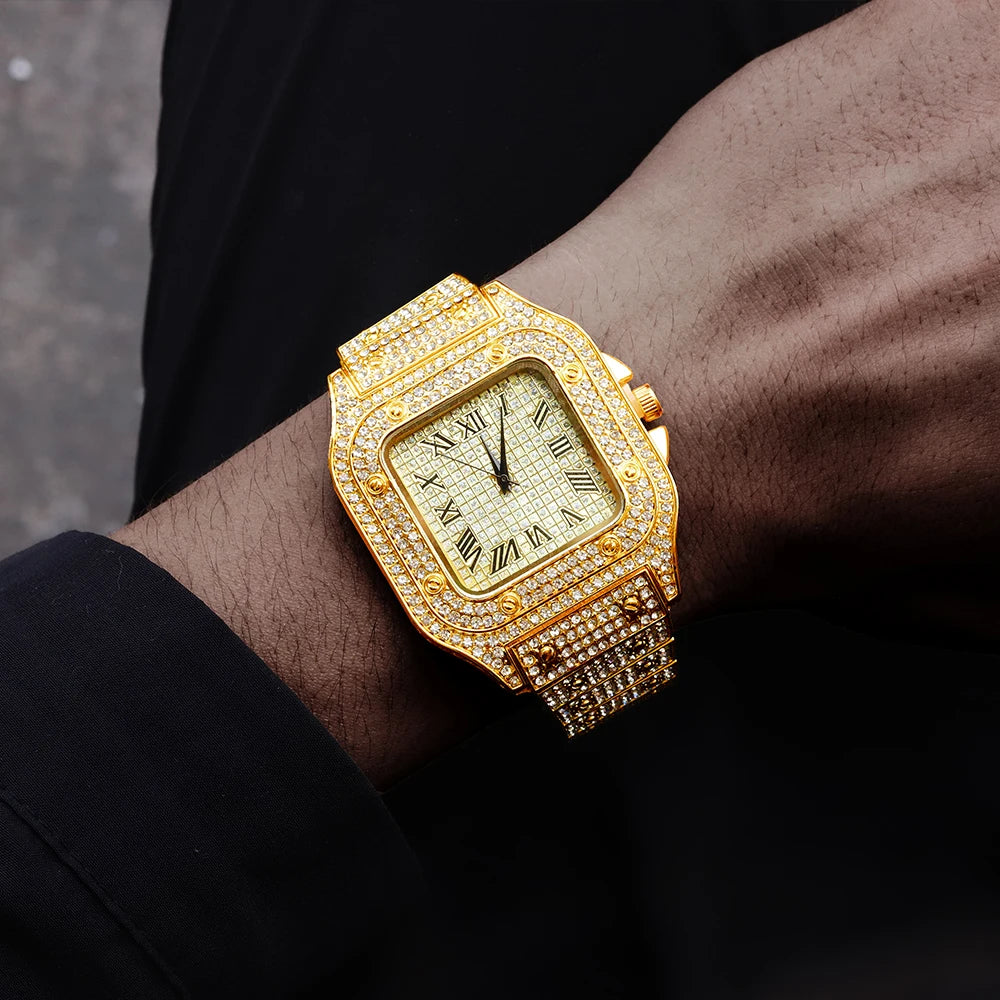 2024 Full Iced Out Watch Mens Cuban Link Chain Bracelet watch Bling Jewelry for Men Big Gold Chains Hip Hop Men Watch Set