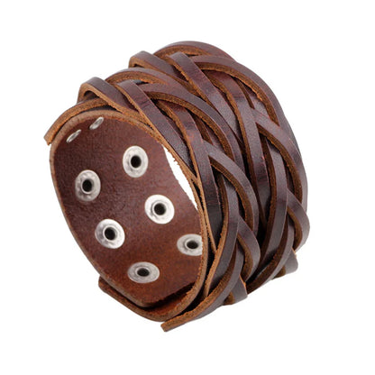 KOTik 2024 New Fashion Genuine Leather Wide Cuff Bangles Punk Vintage Three Layers Wide Black Brown Men Jewelry Bracelets