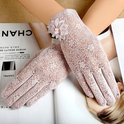 Women Summer Sexy Hollow Lace Flower Elegant Breathable Sunscreen Anti-UV Drive Cycling Touch Screen Gloves Short Pearl