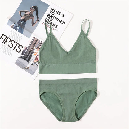 Women Seamless Bra Panties Set U Back Bra Fitness Crop Top Sexy Lingerie Set No Pads Brassiere Low Rise Briefs Underwear Set