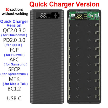 Welding Free 10*18650 Battery Storage Box 2 USB Power Bank Case 5/12V DIY Shell 18650 Battery Holder Case PD QC 3.0 Quick Charge