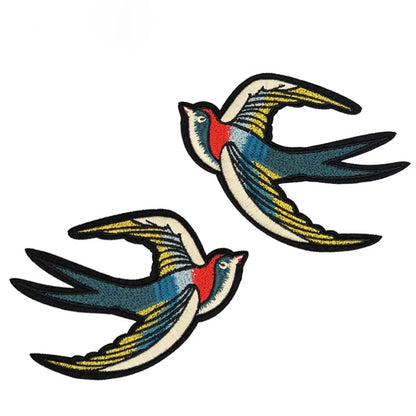 Phenix Birds Azure Blue Pink Gold Embroidered Appliques Iron-On Patches Pair