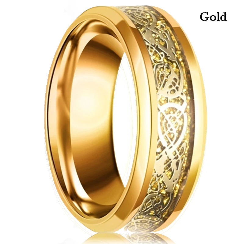 30 Colors Fashion 8MM Men Stainless Steel Celtic Dragon Rings Inlay Carbon Fiber Rings For Men Women Wedding Party Jewelry Gifts