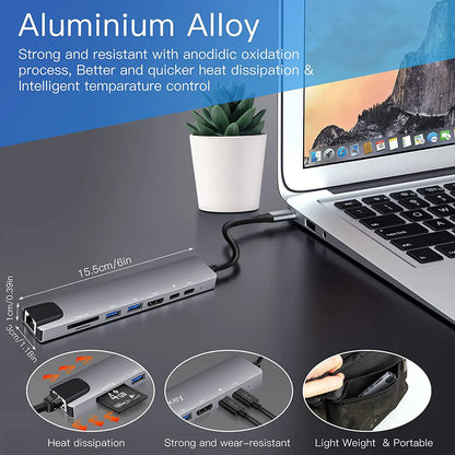 USB C Hub 8 In 1 Type C 3.1 To 4K HDMI Adapter with RJ45 SD/TF Card Reader PD Fast Charge for MacBook Notebook Laptop Computer