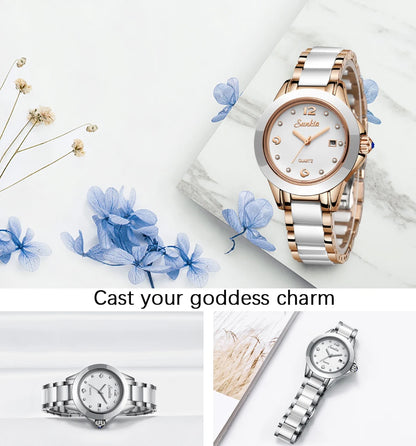 LIGE Brand SUNKTA Fashion Casual Woman Watch Ceramic Simple Bracelet Quartz Ladies Watches Date Waterproof Women's Wristwatches