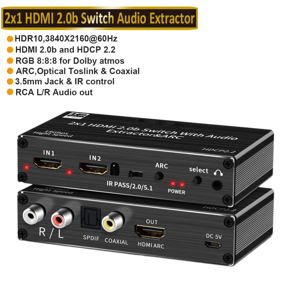 4K 120Hz HDMI audio extractor 4K Support 5.1CH 2 Port HDMI to HDMI Audio ARC Switch with audio toslink stereo For Apple TV PS5
