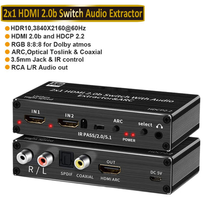 4K 120Hz HDMI audio extractor 4K Support 5.1CH 2 Port HDMI to HDMI Audio ARC Switch with audio toslink stereo For Apple TV PS5