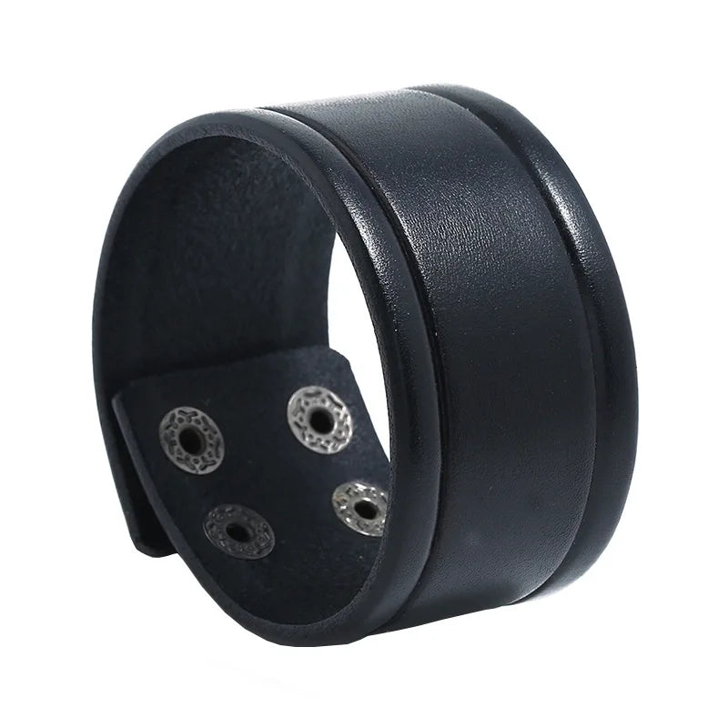 KOTik 2024 New Fashion Genuine Leather Wide Cuff Bangles Punk Vintage Three Layers Wide Black Brown Men Jewelry Bracelets