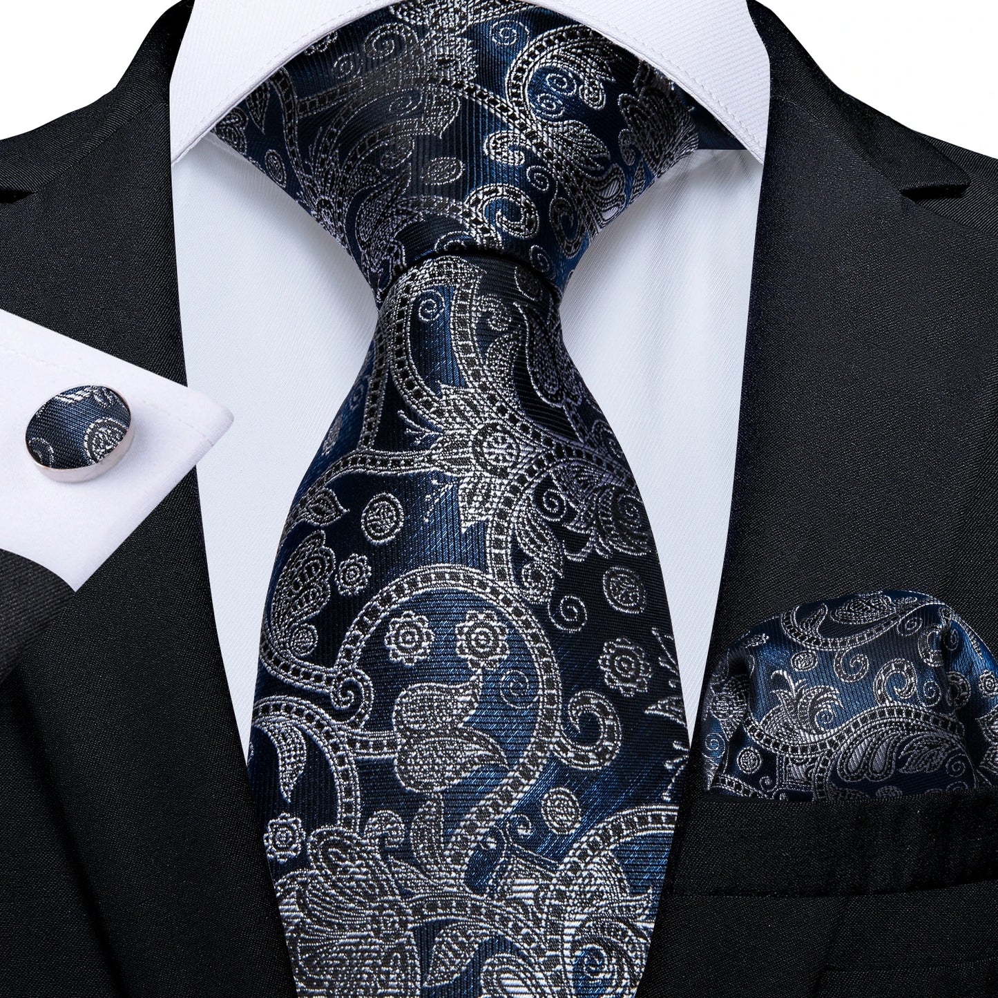 Black And Silver Paisley Floral Men's Ties Gray Blue Pink Wedding Accessories Neck Tie Set Handkerchief Cufflinks Gift For Men