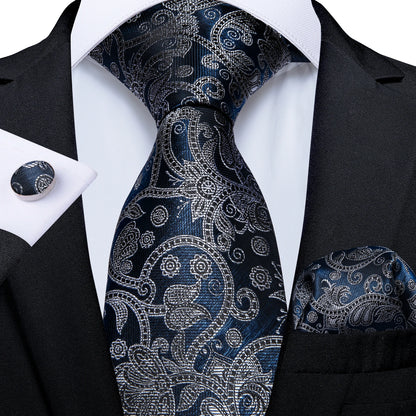 Black And Silver Paisley Floral Men's Ties Gray Blue Pink Wedding Accessories Neck Tie Set Handkerchief Cufflinks Gift For Men