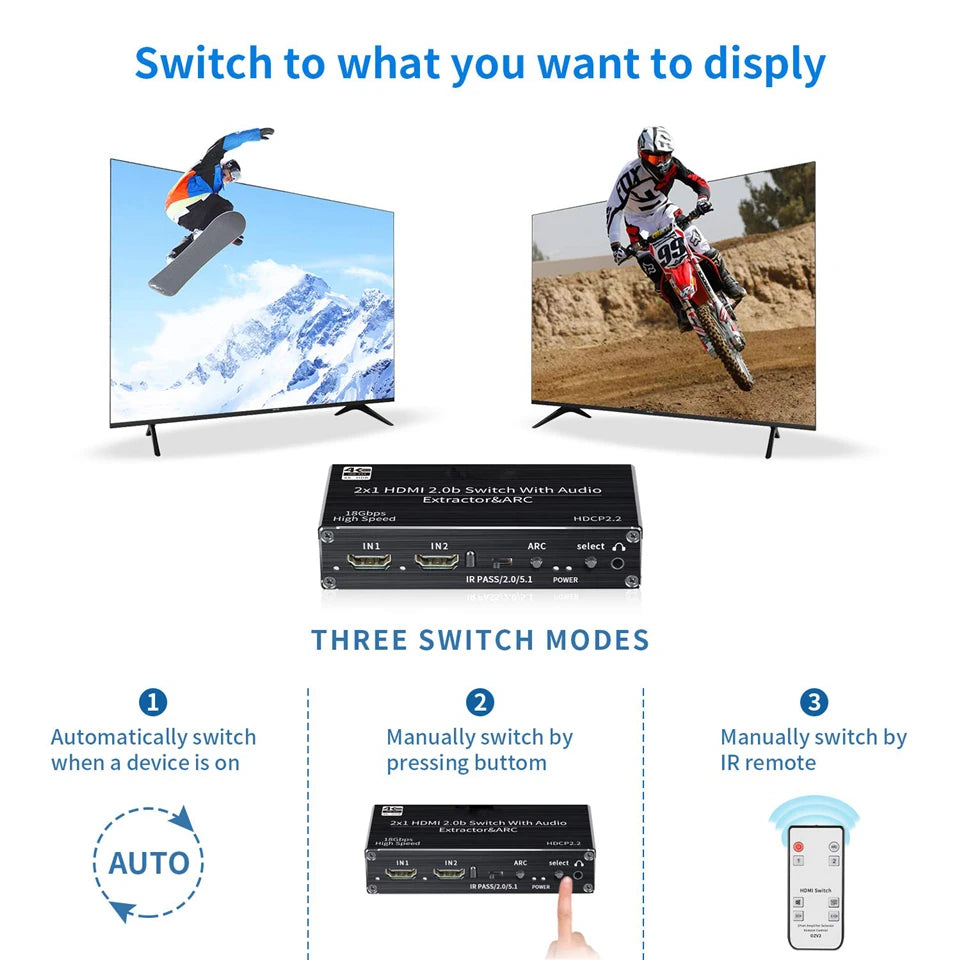 4K 120Hz HDMI audio extractor 4K Support 5.1CH 2 Port HDMI to HDMI Audio ARC Switch with audio toslink stereo For Apple TV PS5