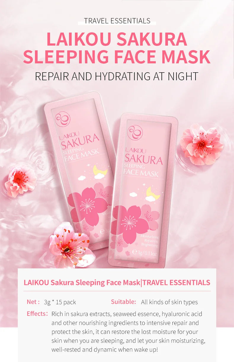 100 Pcs LAIKOU Moisturizing Sleeping Mask Sakura Snail Seaweed Centella Face Mask Tendering & Nourishing Oil-control Skin Care