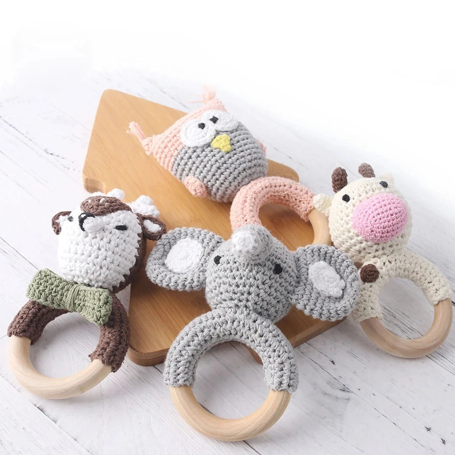 Baby Crochet Animal Rattle Wooden Toys for Children BPA Free Wood Rattle Baby Teether Stroller Game Educational Toy Newborn Gift