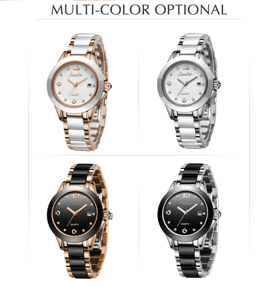 LIGE Brand SUNKTA Fashion Casual Woman Watch Ceramic Simple Bracelet Quartz Ladies Watches Date Waterproof Women's Wristwatches