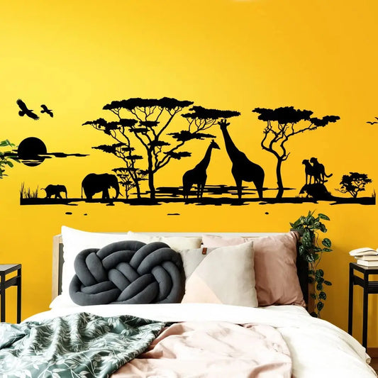 Large Africa Savannah Animals Tree Wall Sticker Living Room Bedroom Giraffe Bird Elephant Safari Jungle Wall Decal Kids Room