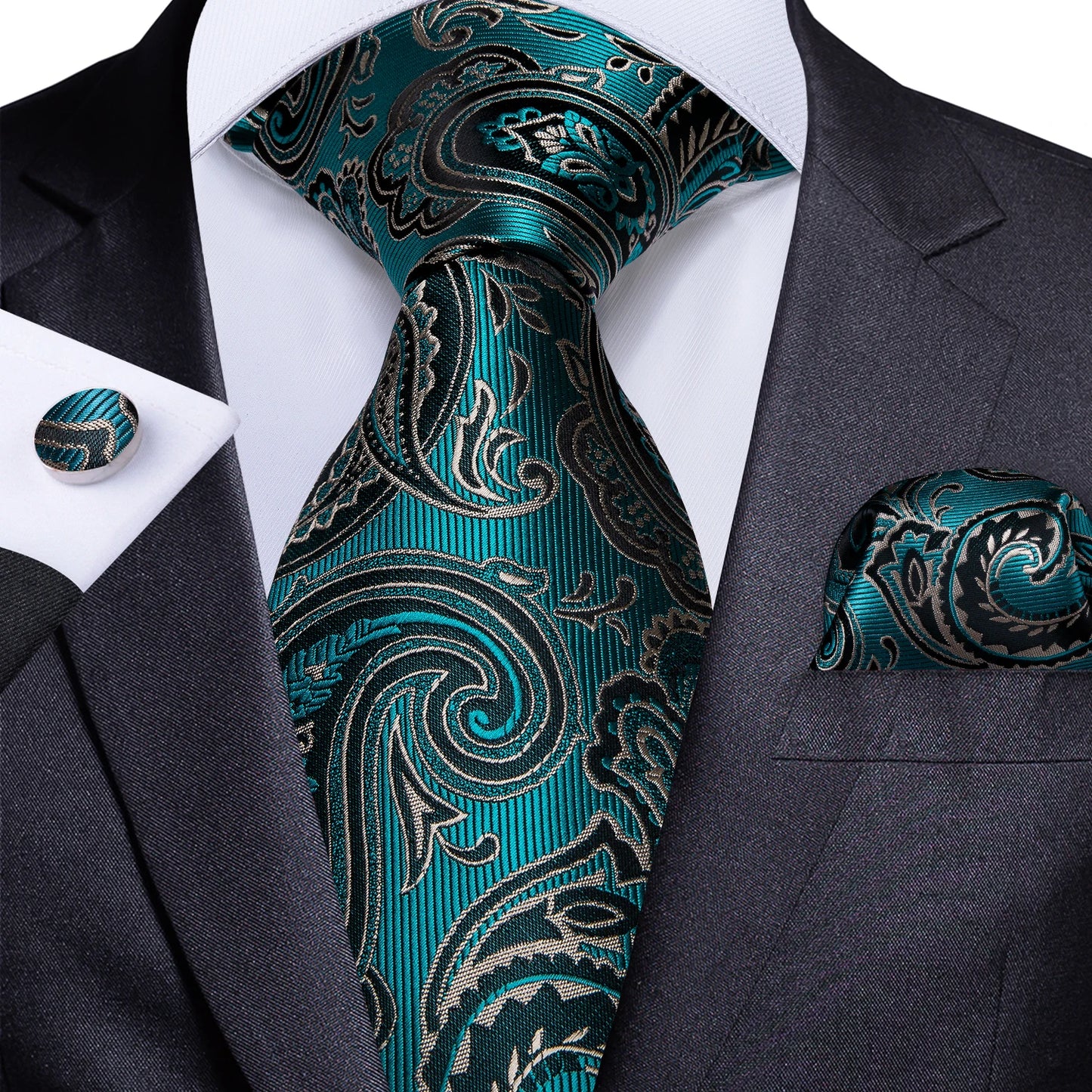 Black And Silver Paisley Floral Men's Ties Gray Blue Pink Wedding Accessories Neck Tie Set Handkerchief Cufflinks Gift For Men