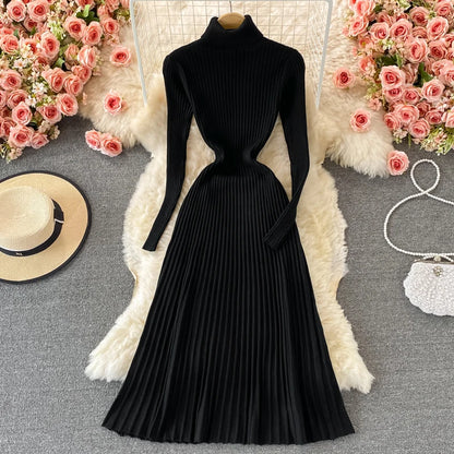 SINGREINY Women Pleated Knitted Dress Turtleneck Long Sleeve Elastic Slim Pencil Dress Autumn Winter Sexy Bodycon Sweater Dress