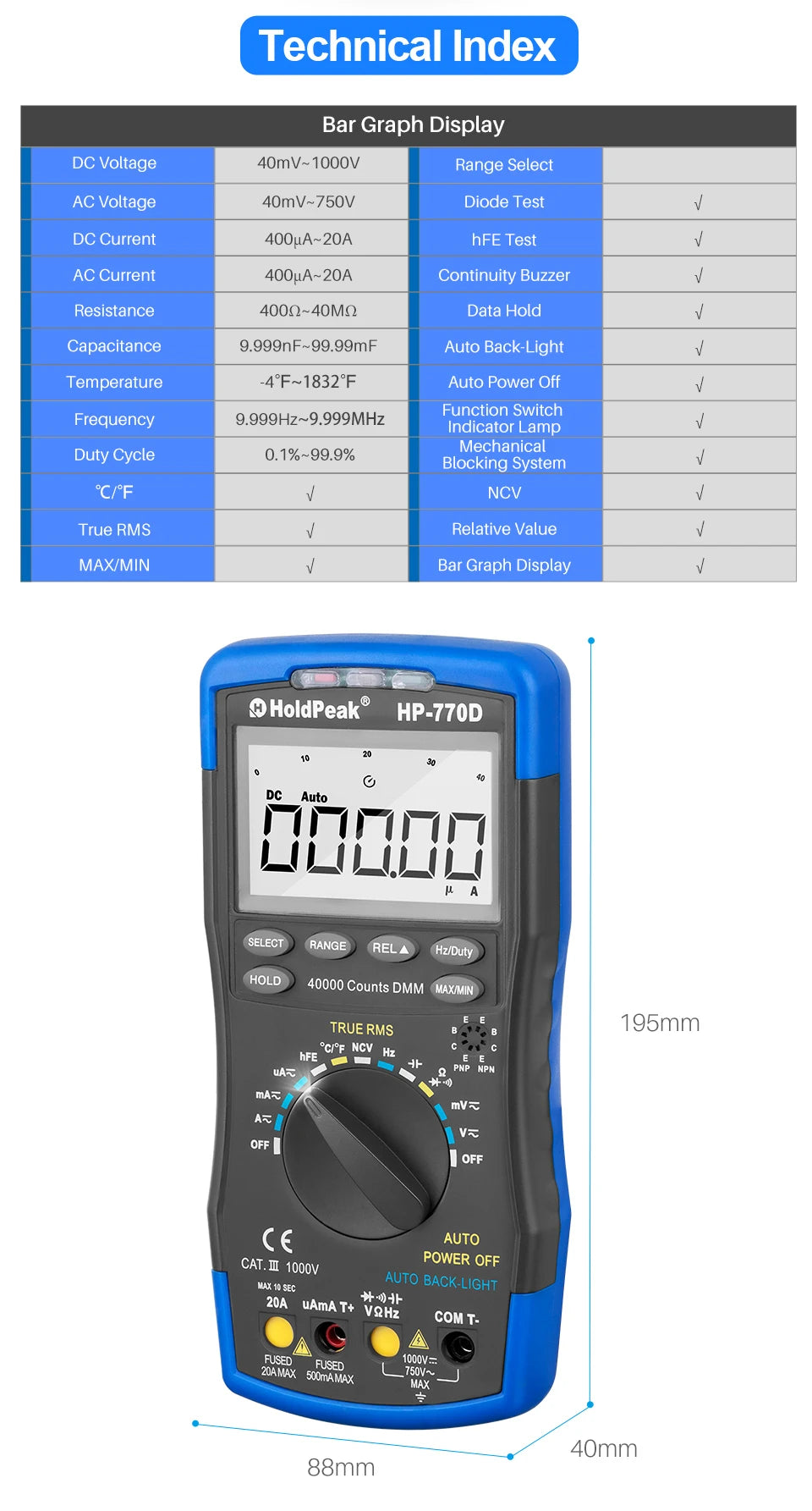 Miernik cyfrowy HoldPeak HP-770D True RMS automatyczny multimetr 40000 zliczeń do pomiaru omów woltów amperów tester pojemności