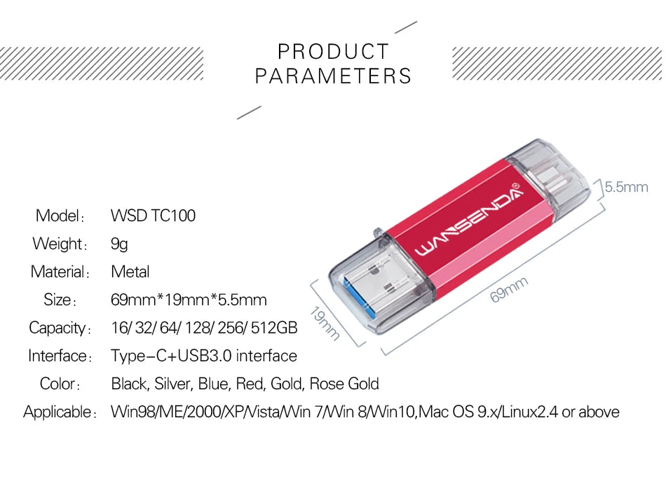 Hotsale WANSENDA USB Flash Drive Type C Pen Drive 512GB 256GB 128GB 64GB 32GB 16GB USB Stick 3.0 Pendrive for Type-C Device/PC
