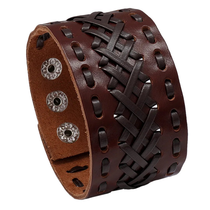 KOTik 2024 New Fashion Genuine Leather Wide Cuff Bangles Punk Vintage Three Layers Wide Black Brown Men Jewelry Bracelets