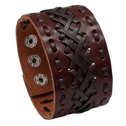 KOTik 2024 New Fashion Genuine Leather Wide Cuff Bangles Punk Vintage Three Layers Wide Black Brown Men Jewelry Bracelets
