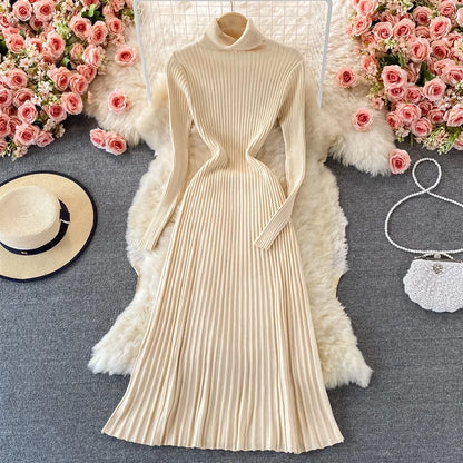 SINGREINY Women Pleated Knitted Dress Turtleneck Long Sleeve Elastic Slim Pencil Dress Autumn Winter Sexy Bodycon Sweater Dress