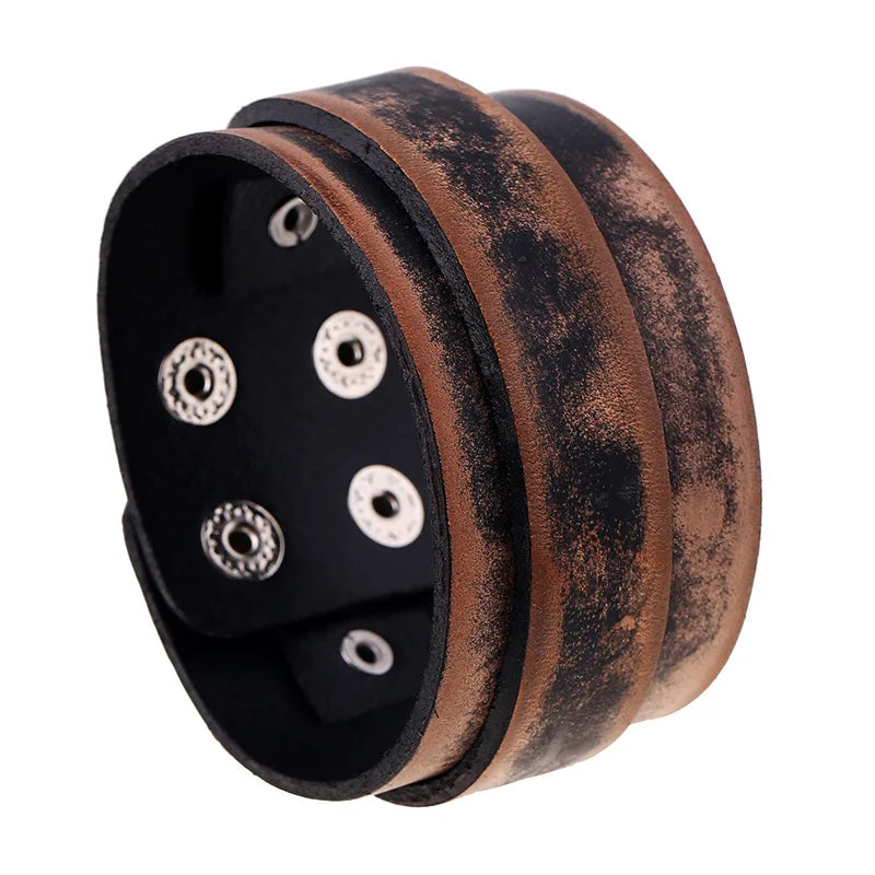 KOTik 2024 New Fashion Genuine Leather Wide Cuff Bangles Punk Vintage Three Layers Wide Black Brown Men Jewelry Bracelets