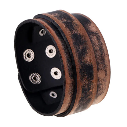 KOTik 2024 New Fashion Genuine Leather Wide Cuff Bangles Punk Vintage Three Layers Wide Black Brown Men Jewelry Bracelets
