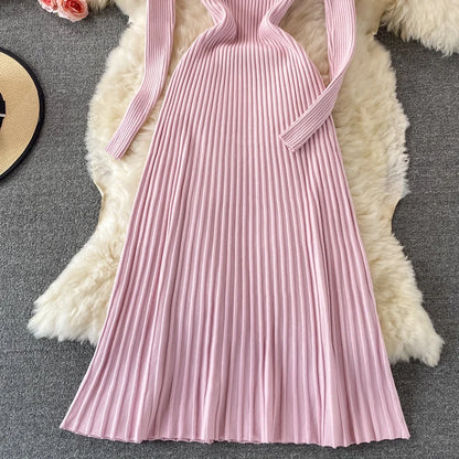 SINGREINY Women Pleated Knitted Dress Turtleneck Long Sleeve Elastic Slim Pencil Dress Autumn Winter Sexy Bodycon Sweater Dress