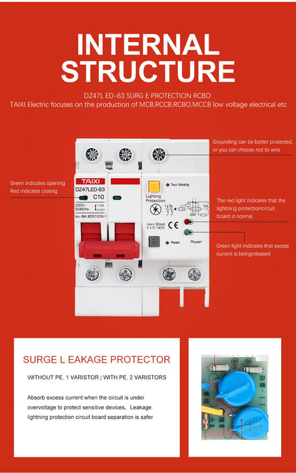 DZ47LED Residual current circuit breaker 220V 10A 16A 20A 40A 32A 63A with surge protector RCBO Lightning protection SPD
