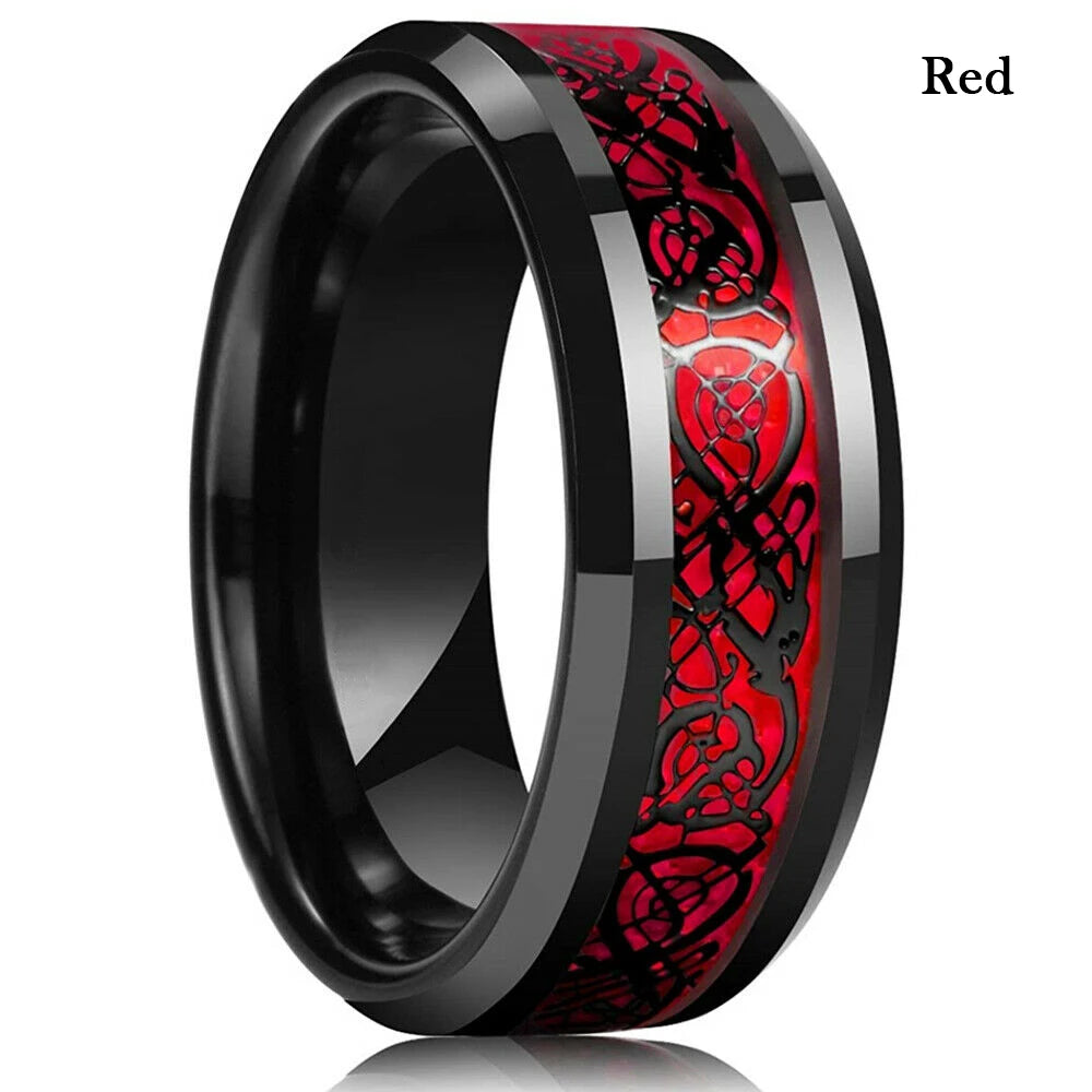 30 Colors Fashion 8MM Men Stainless Steel Celtic Dragon Rings Inlay Carbon Fiber Rings For Men Women Wedding Party Jewelry Gifts