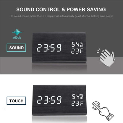 Wooden Alarm Clock Clock LED Time Display USB Charger Humidity and Temperature Detection Digital Alarm Clock For Bedside Table