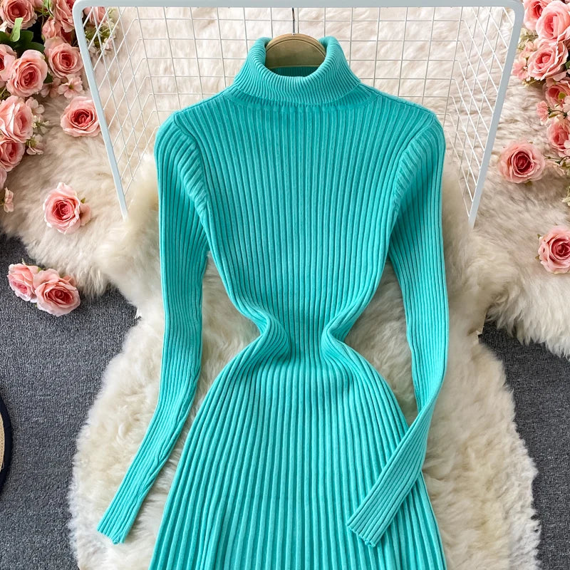 SINGREINY Women Pleated Knitted Dress Turtleneck Long Sleeve Elastic Slim Pencil Dress Autumn Winter Sexy Bodycon Sweater Dress