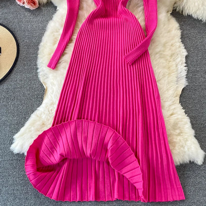 SINGREINY Women Pleated Knitted Dress Turtleneck Long Sleeve Elastic Slim Pencil Dress Autumn Winter Sexy Bodycon Sweater Dress