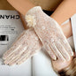 Women Summer Sexy Hollow Lace Flower Elegant Breathable Sunscreen Anti-UV Drive Cycling Touch Screen Gloves Short Pearl