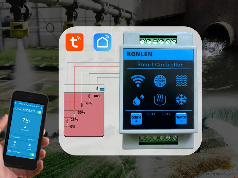 KONLEN Tuya Water Level Sensor WIFI Smart Home Leakage Flood Alarm Controller Meter Pool Vape Tank Flow Detector Leak Protection