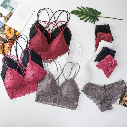 Women Lace Sexy Lingerie Set Push Up Bra Low-Rise Panties Underwear Set Sexy Wireless Bralette Comfort Breathable Brief Set