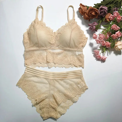Women Lace Bra And Briefs Set Low Back Bra Crop Top Female Padded Bralette Transparent Solid Color Underwear Sexy Lingerie Set