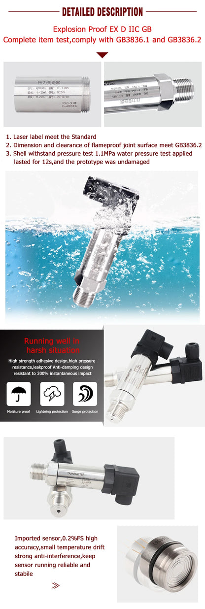 200bar 400bar 600bar NPT1/4 Water Oil Fuel Diesel Pressure Transmitter 4-20mA RS485 0-10V 0-5V Hydraulic Pressure Sensor QDX50A