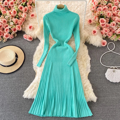 SINGREINY Women Pleated Knitted Dress Turtleneck Long Sleeve Elastic Slim Pencil Dress Autumn Winter Sexy Bodycon Sweater Dress