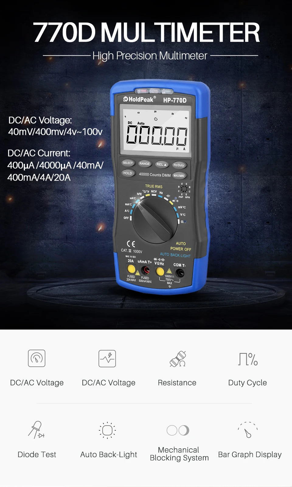 Miernik cyfrowy HoldPeak HP-770D True RMS automatyczny multimetr 40000 zliczeń do pomiaru omów woltów amperów tester pojemności