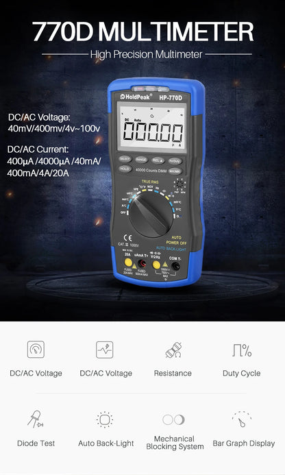 Miernik cyfrowy HoldPeak HP-770D True RMS automatyczny multimetr 40000 zliczeń do pomiaru omów woltów amperów tester pojemności