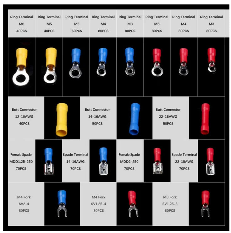 140-1200Pcs Assorted Spade Terminals Insulated Cable Splice Butt Connector Electrical Wire Crimp Ring Fork Set Ring Lugs Kit