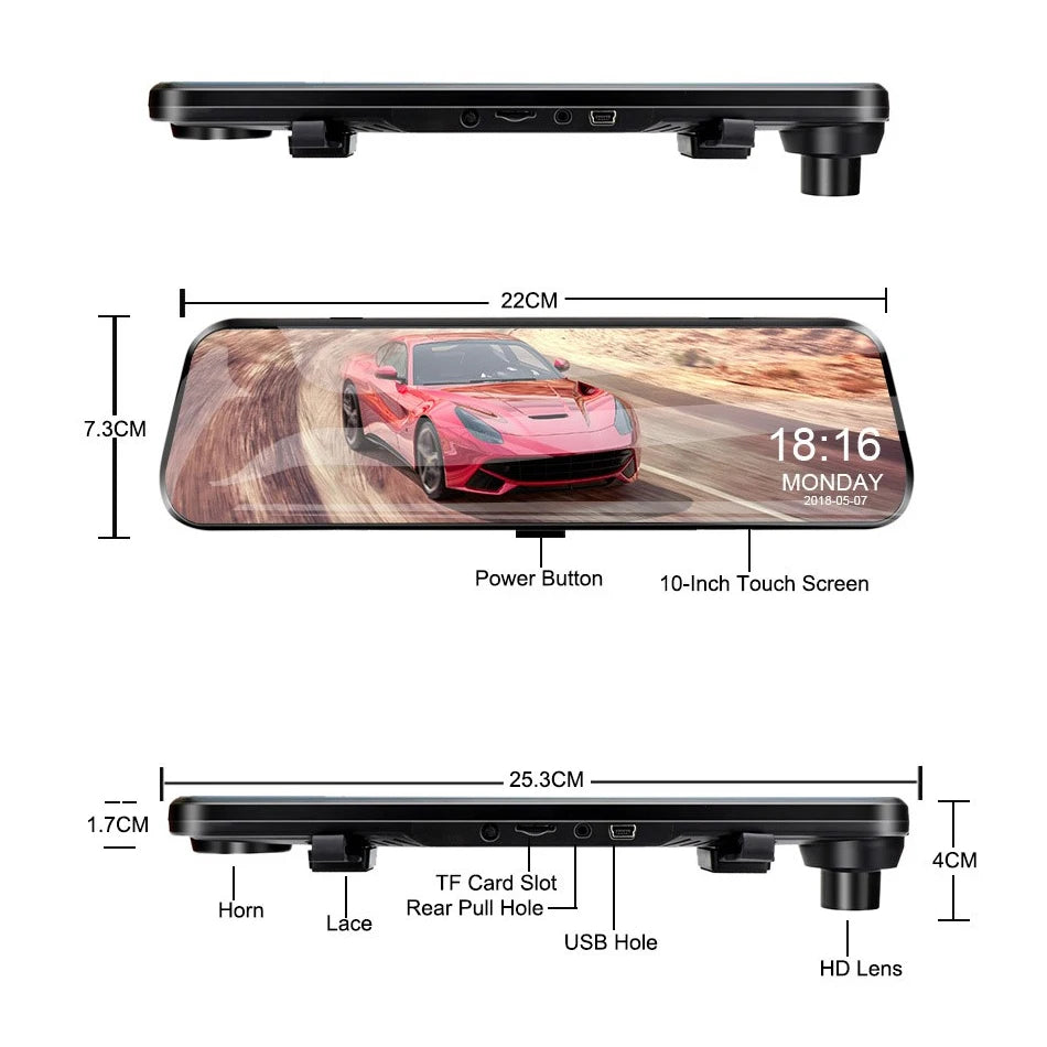 E-ACE 10 Inch Car DVR Mirror Video Recorder 1080P Touch Screen Dashcam For Car AHD Lens Streaming Driving Recorder Dash Camera