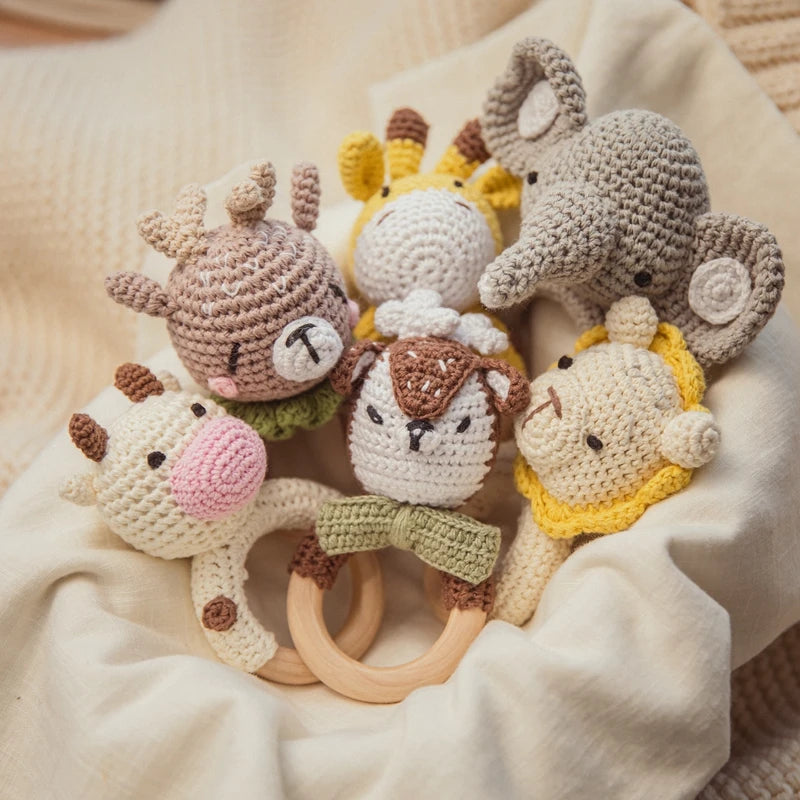 Baby Crochet Animal Rattle Wooden Toys for Children BPA Free Wood Rattle Baby Teether Stroller Game Educational Toy Newborn Gift