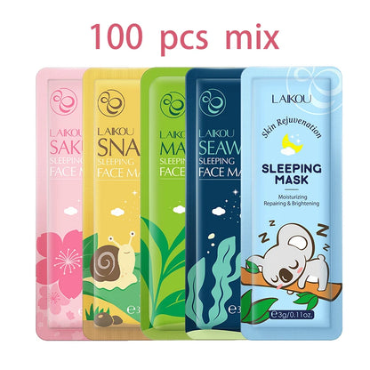 100 Pcs LAIKOU Moisturizing Sleeping Mask Sakura Snail Seaweed Centella Face Mask Tendering & Nourishing Oil-control Skin Care