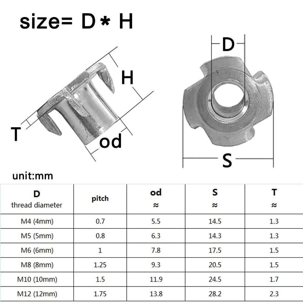 2/10/20pc M4 M5 M6 M8 M10 M12 Thickened Steel Four Claws Speaker Nut Blind Pronged Insert T-Nut for Wood Furniture Length=8-17mm