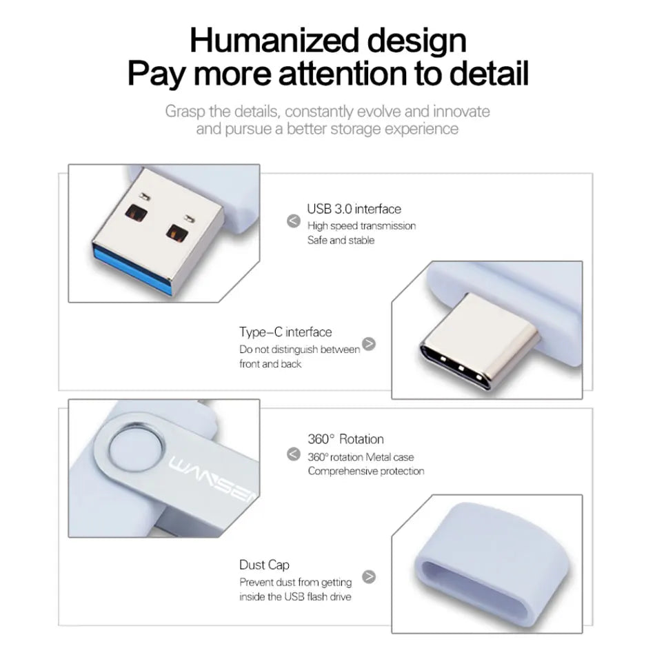 WANSENDA TYPE C USB 3.0 Pendrive Metalowy Pen Drive 512GB 256GB 128GB 64GB 32GB 16GB Pamięć USB 2 W 1 Szybkie Pendrive'y