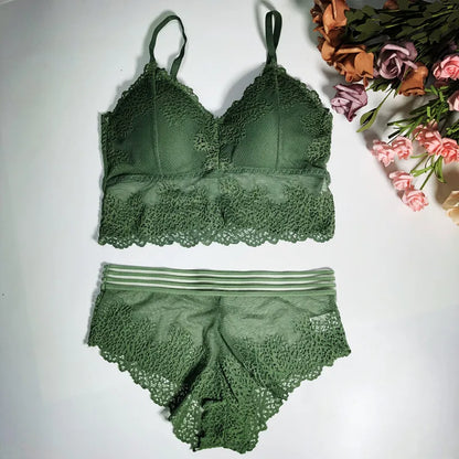 Women Lace Bra And Briefs Set Low Back Bra Crop Top Female Padded Bralette Transparent Solid Color Underwear Sexy Lingerie Set